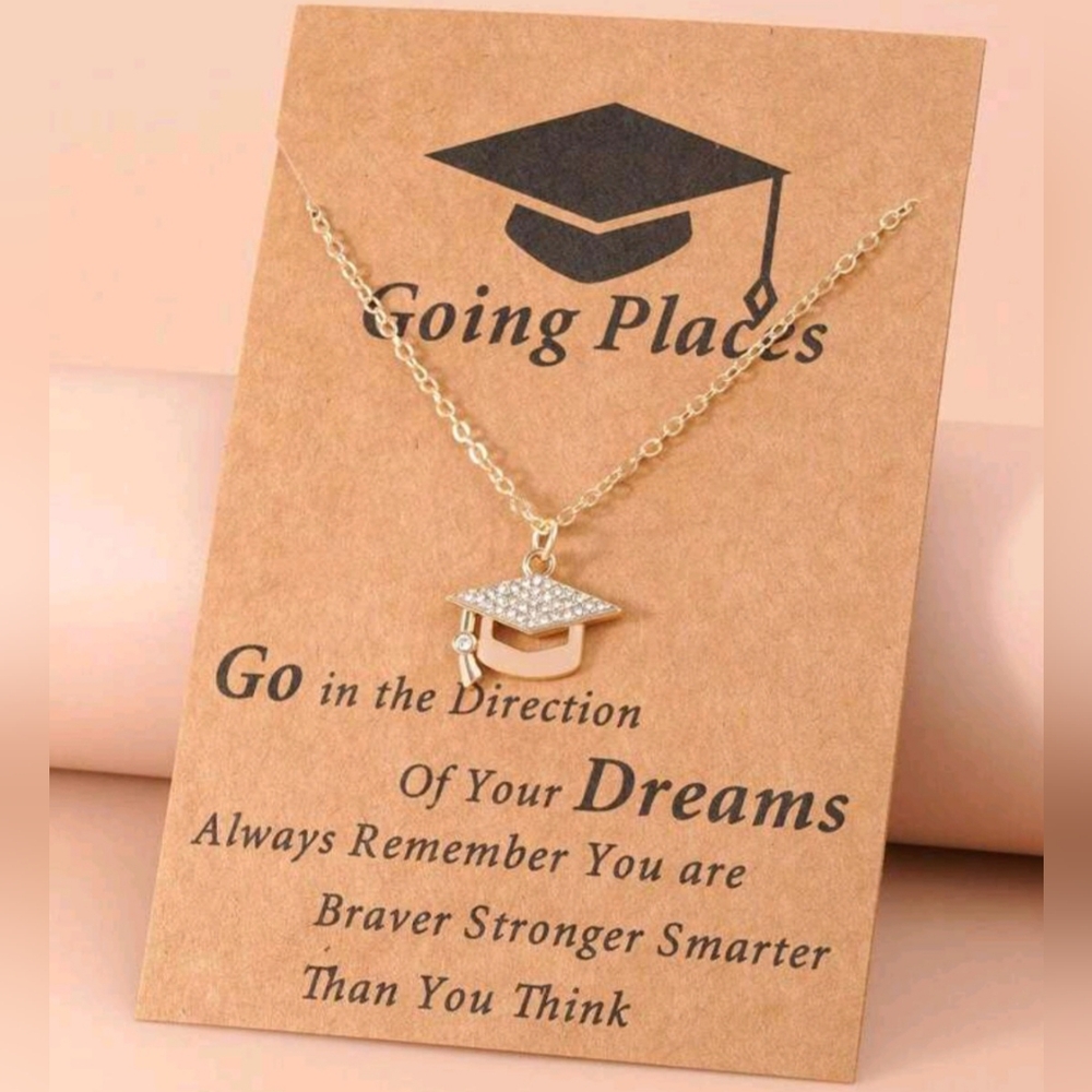 Gold Color Rhinestone Graduation Necklace Dainty Cap Charm New!